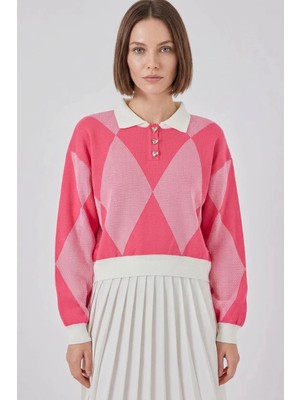 Zuzudan Kadın Gömlek Yaka Crop Baklava Desenli Triko Pembe Kazak