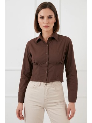 Zuzudan Kadın Belden Büzgülü Slim Fit Pamuklu Kahverengi Gömlek