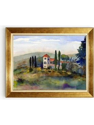 Tablore Gold Çerçeveli Akdeniz Evi ve Doğa Manzaralı Suluboya Tarzı Salon Duvar Tablosu