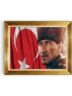 Tablore Kalpaklı Atatürk ve Dalgalanan Türk Bayrağı Temalı Kanvas Tablo Ofis Salon Duvar Tablosu