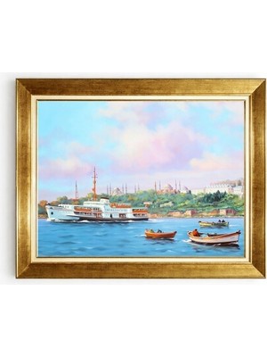 Tablore Nostaljik Istanbul Vapuru ve Sandallar Temalı Gold Çerçeveli Yağlıboya Görünümlü Kanvas Tablo