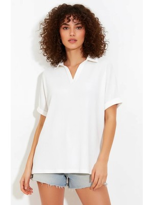 Zuzudan Kadın Polo Yaka Kısa Kol Oversize Beyaz Bluz