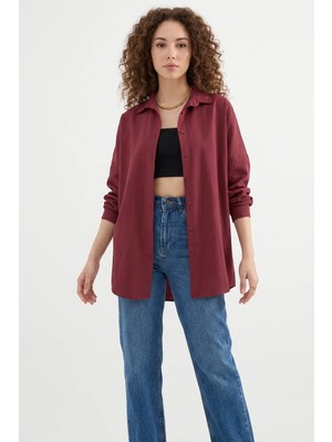 Zuzudan Kadın Oversize Basic Pamuklu Mürdüm Gömlek
