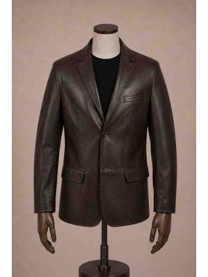 Moda Erkek Kahve Cep Detaylı Düğmeli Hakiki Kuzu Derisi Blazer Ceket