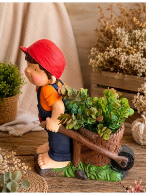 Baykuşca Dekoratif Bahçıvan Çocuk Saksı | El Arabalı Bahçe Heykeli | Büyük Boy Bahçe Cücesi Saksı | 40 cm