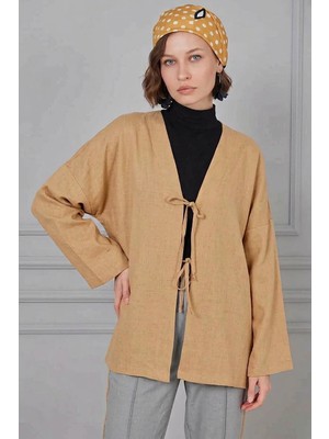 Zuzudan Kadın V Yaka Kuşaklı Viskon Camel Tesettür Kimono