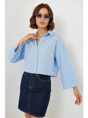 Zuzudan Kadın Oversize Çizgili Viskon Mavi Gömlek