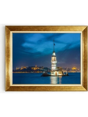 Tablore Gece Mavi Kız Kulesi Manzaralı Altın Çerçeveli Kanvas Salon Tablosu