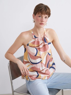 LC Waikiki Lcw Comfort Kahverengi Halter Yaka Desenli Bluz