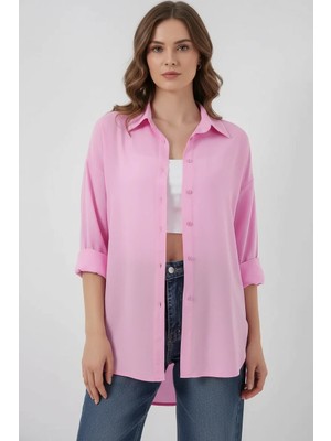 Zuzudan Kadın Oversize Viskon Pembe Gömlek