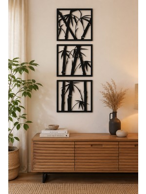 Bel&Co Home 3 Parça Bambu Duvar Dekoru Siyah Mdf Tablo Seti 30X26 cm – Lazer Kesim Modern Duvar Süsü – Çift Taraflı Bantlı Kolay Montaj