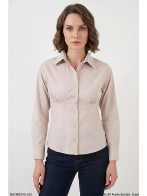 Zuzudan Kadın Slim Fit Belden Büzgülü Pamuklu Krem Gömlek