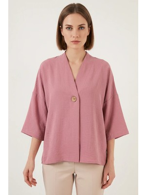 Zuzudan Kadın V Yaka Kısa Kol Oversize Gül Kurusu Kimono