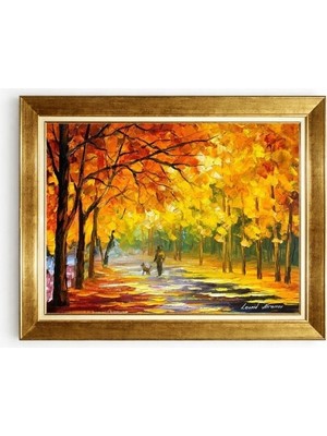 Tablore Sonbahar Orman Yolu ve Köpek Gezdiren Insan Manzaralı Altın Çerçeveli Salon Tablosu