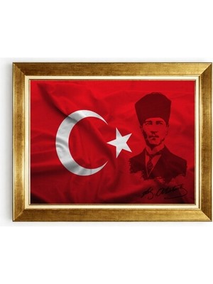 Tablore Mustafa Kemal Atatürk ve Türk Bayrağı Temalı Altın Çerçeveli Kanvas Tablo Ofis Ev Hediyesi
