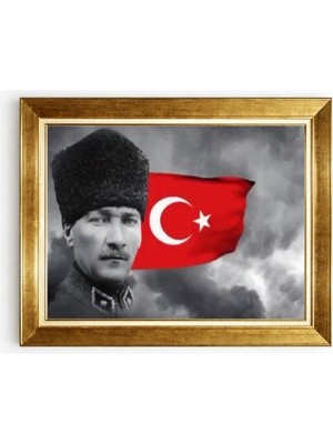 Tablore Kalpaklı Mustafa Kemal Atatürk ve Türk Bayrağı Detaylı Çerçeveli Kanvas Tablo Ofis Makam