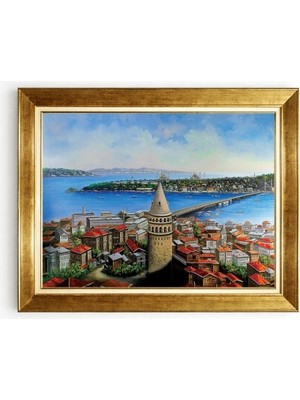 Tablore Panoramik Galata Kulesi ve Istanbul Manzaralı Yağlı Boya Dokulu Kanvas Tablo