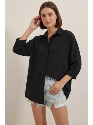 Zuzudan Kadın Oversize Basic Pamuklu Siyah Gömlek