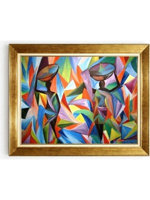 Tablore Altın Çerçeveli Kübik Soyut Sanat Kanvas Tablo Renkli Etnik Kadın Figürlü Duvar Tablosu