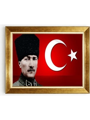 Tablore Prestijli Altın Çerçeveli Kalpaklı Atatürk ve Türk Bayrağı Temalı Duvar Tablosu