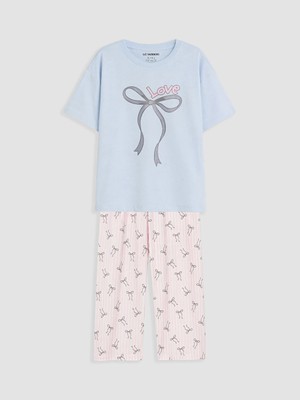 LC Waikiki Lcw Kids Mavi Baskılı Kız Çocuk Kaprili Pijama Takımı