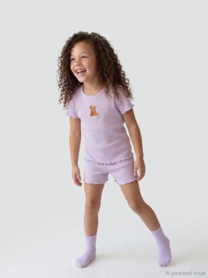 LC Waikiki Lcw Kids Lila Bisiklet Yaka Nakışlı Kız Çocuk Fitilli Şortlu Pijama Takımı