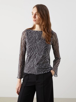LC Waikiki Lcwaıkıkı Classic Kahverengi Kayık Yaka Zebra Desenli Kadın Bluz