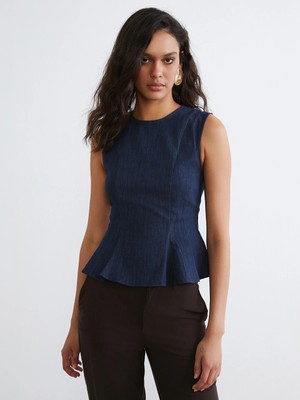 Lcw Vision Indigo Bisiklet Yaka Peplum Jean Bluz