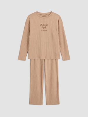 LC Waikiki Lcw Kids Kahverengi Bisiklet Yaka Kız Çocuk Pijama Takım