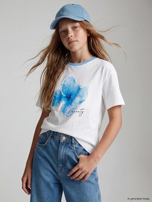 LC Waikiki Lcw Kids Beyaz Kız Çocuk Baskılı Bisiklet Yaka Tişört