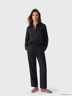 Lcw Modest Siyah Beli Lastikli Kadın Keten Pantolon