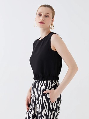 Lcw Vision Siyah Bisiklet Yaka Düz Crop Kadın Bluz