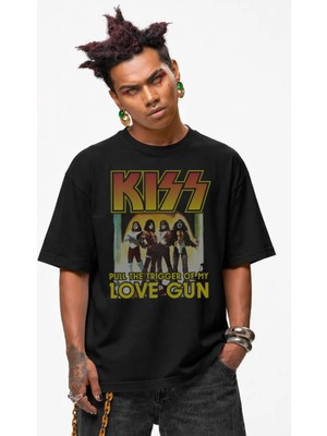 Oversize Kiss Love Gun Yazılı Tişört, Unisex Rock Band Temalı Bisiklet Yaka T-Shirt