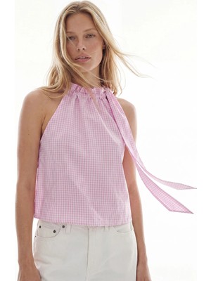 Lcw Vision Pembe Halter Yaka Ekose Fiyonk Detaylı Bluz