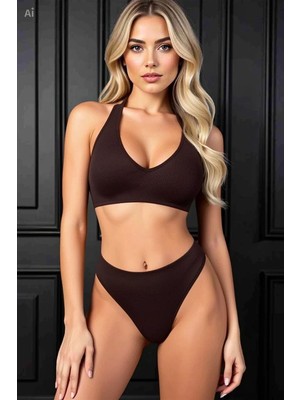 Pileli Store Kadın Kahverengi Özel Tasarım Seamless Tanga Sütyen Takımı Şık Iç Giyim Seti