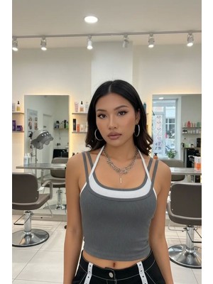 Pileli Store Kadın Antrasit Beyaz Çift Renk Çapraz Askılı Crop Top Bluz Şık Esnek