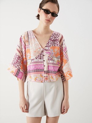 Lcw Vision Pembe Kruvaze Yaka Desenli Modal Karışımlı Crop Bluz
