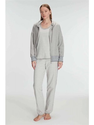 Pileli Store Pilelistore Anıl 11237 Kadın Pamuklu Uzun Kol Fermuarlı Swearshirt Sıfır Kol T-Shirt ve Pantolon Pijama Takım