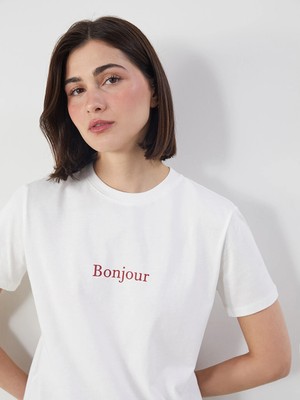 Lcw Modest Beyaz Bonjour Baskılı %100 Pamuklu Kadın Tişört