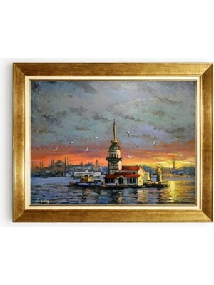 Tablore Istanbul Kız Kulesi Manzaralı Yağlı Boya Görünümlü Altın Çerçeveli Kanvas Tablo