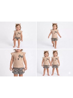 Diji Baby 9/24 Ay Lepoar Baskılı Fiyonklu Şortlu Bebek Takımı