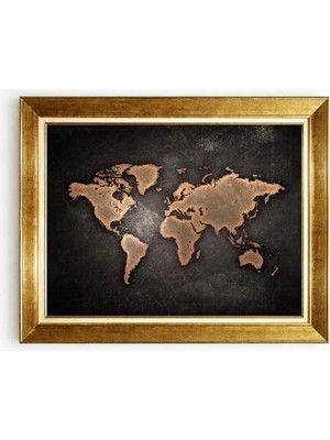 Tablore Eskitme Dünya Haritası Tasarımlı Gold Çerçeveli Kanvas Tablo Ofis Duvar Dekorasyonu