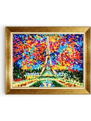 Tablore Gold Çerçeveli Renkli Soyut Eyfel Kulesi Tablosu Modern Paris Manzaralı Kanvas Duvar Tablosu