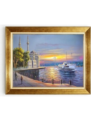 Tablore Istanbul Ortaköy Camii ve Boğaz Manzaralı Lüks Altın Çerçeveli Yağlı Boya Dokulu Tablo