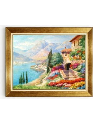 Tablore Altın Çerçeveli Italyan Sahil Kasabası Manzara Tablosu Salon Oturma Odası Kanvas Tablo