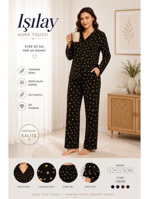 Işılay Aura Touch Gömlek Yaka Uzun Kollu Desenli Pijama Takımı
