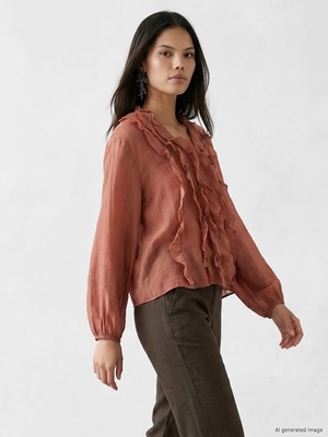 Lcw Modest Kahverengi V Yaka Fırfırlı Bluz