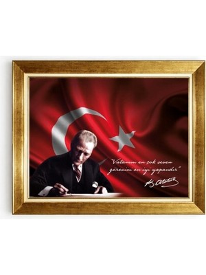 Tablore Atatürk Tablosu Gold Çerçeveli Türk Bayraklı Kanvas Ofis Ev Duvar Dekorasyonu