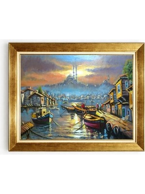 Tablore Nostaljik Istanbul Balıkçı Tekneleri Altın Çerçeveli Yağlı Boya Dokulu Tablo