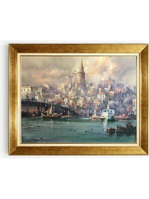 Tablore Galata Kulesi ve Istanbul Manzaralı Altın Çerçeveli Kanvas Tablo Ev Salon Dekoru